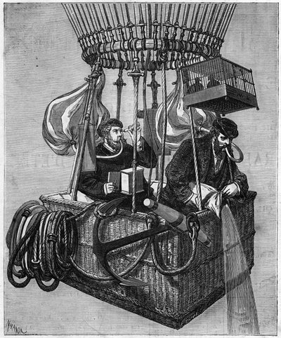 Aeronáutica: el ascenso del globo "Estrella Polar" en 1874. Para combatir los problemas respiratorios encontrados a gran altitud, los dos aeronautas equiparon globos que contenían oxígeno e inhalaron a través de la boca usando una manguera de goma. Grabado de French School