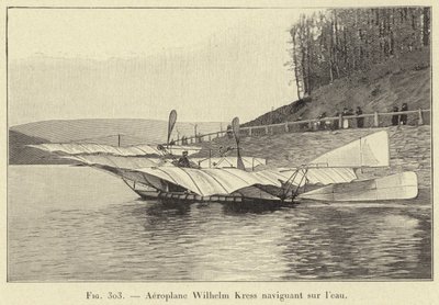 Aeroplano Wilhelm Kress navegando sobre el agua de French School