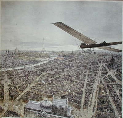 Avión volando sobre París, ilustración para un calendario de 1911 de French School