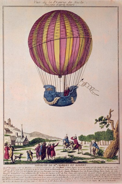 Aerostato: el segundo intento de volar en globo. Charles y Robert descienden en la pradera de Nesle, cerca de París, tras un viaje en globo de gas hidrógeno el 01/12/1783. Grabado del siglo XVIII. de French School