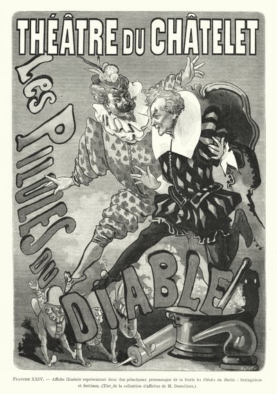 Afiche ilustrado representando a dos de los principales personajes de la fantasía Las píldoras del diablo, Seringuinos y Sottinez de French School