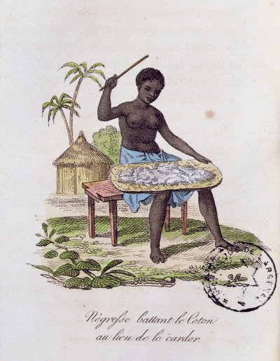 Mujer africana golpeando algodón de French School