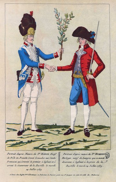 Retrato al natural de Sieur Harne, granadero, y Sieur Humbert, relojero. Fueron los primeros hombres atacados durante la toma de la Bastilla el 14 de julio de 1789. Grabado de 1790. de French School