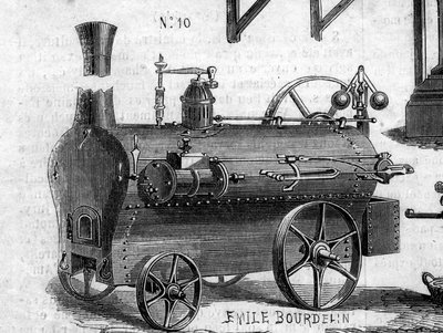 Máquina agrícola: una locomóvil presentada en el concurso agrícola de París en 1860. Grabado en 