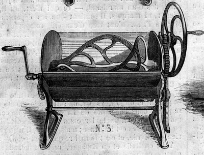 Máquina agrícola: un amasador mecánico para hacer pan presentado en la Exposición Agrícola de 1860 en París. Grabado en "Le Monde Illustré" n°168 del 30 de junio de French School