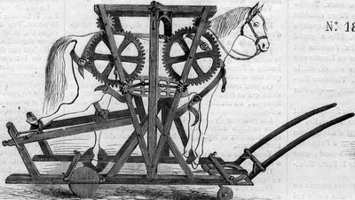 Máquina agrícola: un dispositivo de suspensión (o trabajo portátil) utilizado para inmovilizar caballos o ganado antes de tratarlos. Máquina presentada en el concurso agrícola de París en 1860. Grabado en 