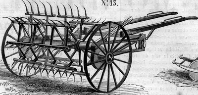 Máquina agrícola: un rastrillo de doble acción inglés presentado en el concurso agrícola de París en 1860. Grabado en 