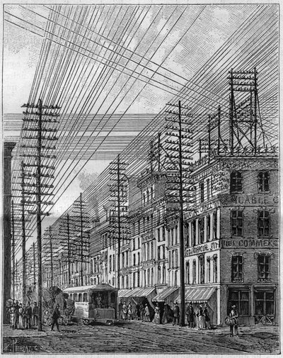 Cables eléctricos aéreos en Filadelfia (Estados Unidos), esquina de la calle Chesnut y la tercera calle. Grabado en "La Nature. Revue des sciences et de ses applications aux arts et a l