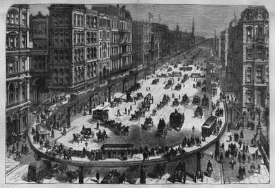 Ferrocarriles aéreos en una ciudad de los Estados Unidos. Grabado de 1880 en “La republique illustree” colección privada. de French School