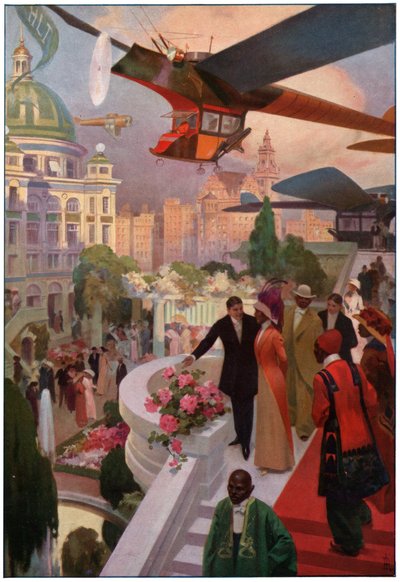 Aviones en el futuro. circa 1910 (grabado) de French School
