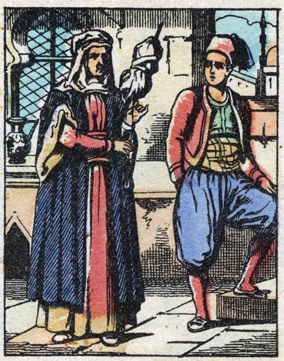 Aladino y su madre viviendo de su trabajo. Grabado del cuento de Las mil y una noches “Aladino y la lámpara maravillosa”. Imágenes de Epinal, finales del siglo XIX. Colección privada. de French School