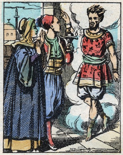 Aladino y su madre frotaron la lámpara mágica e hicieron aparecer al genio. Grabado del cuento de Las mil y una noches “Aladino y la lámpara maravillosa”. Imágenes de Epinal, finales del siglo XIX. Colección privada. de French School
