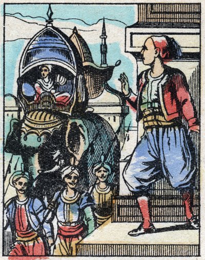 Aladino se enamora de la hija del sultán. Grabado del cuento de Las mil y una noches “Aladino y la lámpara maravillosa”. Imágenes de Epinal, finales del siglo XIX. Colección privada. de French School
