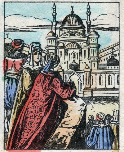 Aladino desea que el Genio construya un suntuoso palacio frente al palacio del Sultán. Grabado del cuento de Las mil y una noches “Aladino y la lámpara maravillosa”. Imágenes de Epinal, finales del siglo XIX. Colección privada. de French School