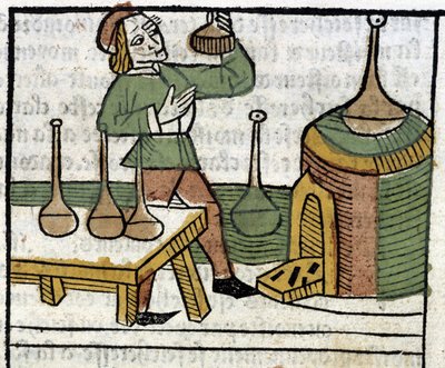 Alquimista - en "Los propietarios de las cosas tanto corporales como espirituales" (libro XVIII) por Glanville, Lyon de French School
