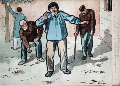 Alcohólicos en el asilo de pobres, copia de un detalle de la pintura mural del Dr. Galtier-Boissiere sobre los peligros del alcoholismo, finales del siglo XIX de French School