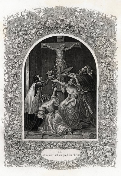 Alejandro VII (Alejandro o Alessandro) (Papa de 1655 a 1667) a los pies de Cristo. Grabado para ilustrar Histoire des popes por Maurice Lachatre (1814-1900), librería del progreso, París de French School