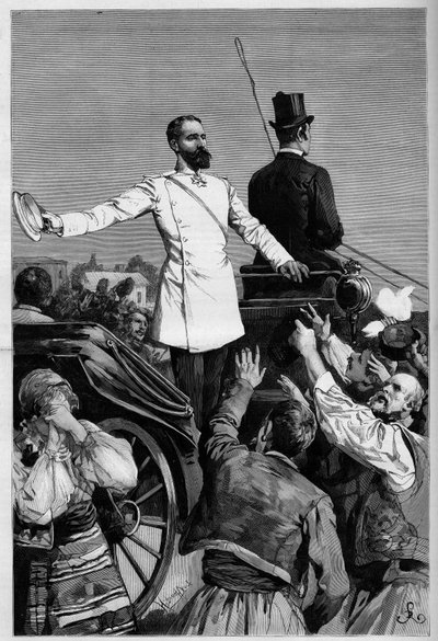 Alejandro de Battenberg - El príncipe Alejandro I después de su abdicación fue aclamado por el pueblo cuando dejó Sofía. Grabado en "El Mundo Ilustre" de French School