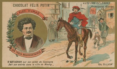 Alexandre Dumas y una escena de Los Tres Mosqueteros de French School