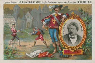 Alexandre Dumas y una escena de Los Tres Mosqueteros de French School