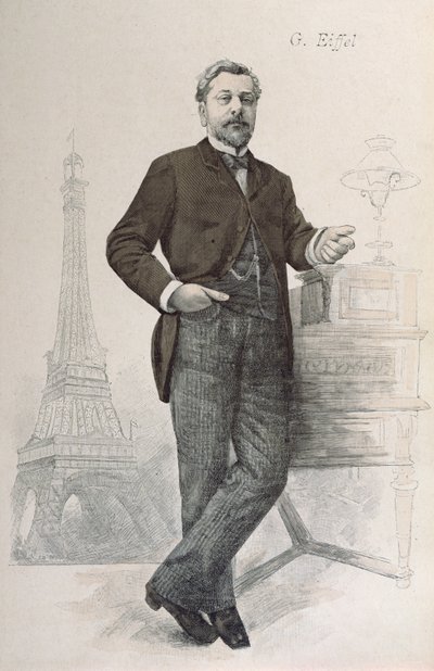 Alexandre Gustave Eiffel posando junto a su escritorio con un dibujo de la Torre Eiffel, ilustración de La Revue Illustrée, 1888 de French School
