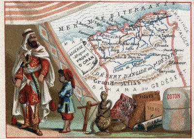 Argelia en África y la Provincia de Orán, Francia. Serie sobre los Departamentos Franceses. Importación de higos, algodón, tabaco, ágata y plomo. Cromolitografía "el hilo geográfico", circa 1920. Colección privada de French School