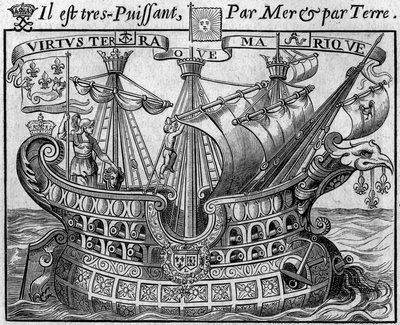 Alegoría del poder francés: “El barco del Estado”, símbolo de Francia, también recuerda las armas de la ciudad de París. Extracto del “Libro de monedas extranjeras o el gran banquero de Francia” (1687) de François Barrême (1638-1703), matemático francés. G de French School