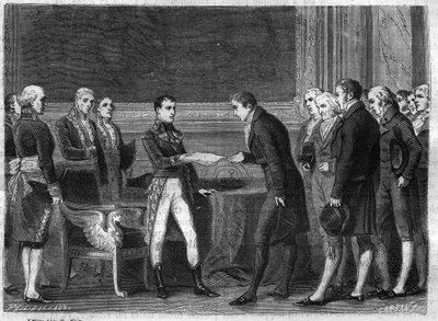 Asignación del Primer Cónsul Bonaparte a los diputados suizos de la República Helvética entregándoles el acto de mediación en noviembre de 1802 - Grabado de "Histoire du Consulat et de l