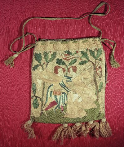 Bolsa de limosnas que representa el regreso de un cazador (seda bordada) de French School