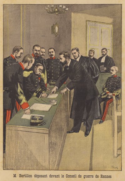 Alphonse Bertillon testificando ante el segundo consejo de guerra de Alfred Dreyfus en Rennes de French School