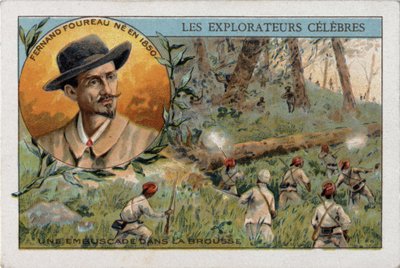 Emboscada en la selva africana durante una expedición del explorador francés Frenand Fourreau (1850-1914). Cromolitografía del siglo XIX. de French School