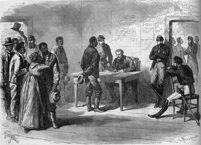 Guerra Civil Americana (1861-1865): Voluntarios negros ingresando en el ejército del General Grant (Norte) de French School