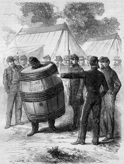 Guerra Civil Americana (1861-1865): castigo de un soldado borracho del ejército confederado. Lleva un barril perforado y camina por el campamento bajo la mirada divertida de otros soldados. Grabado en “Le Monde Illustré” n°276 del 26 de julio de 1862. de French School