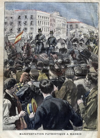 Guerra hispanoamericana (o Desastre de 1898) - manifestación patriótica en Madrid en 1898 en presencia de la Reina María Cristina de España (1858-1929) - grabado en 