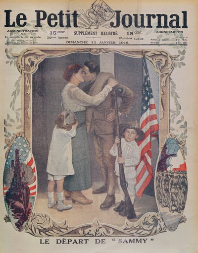 Un soldado americano partiendo hacia Europa durante la 1ª Guerra Mundial, ilustración de portada de Le Petit Journal, 13 de enero de 1918 de French School