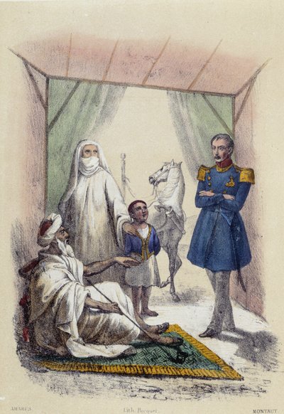 Una familia árabe siendo visitada por un soldado; ilustración para países árabes, en “Las doce Naciones” de M.E Fouinet de French School