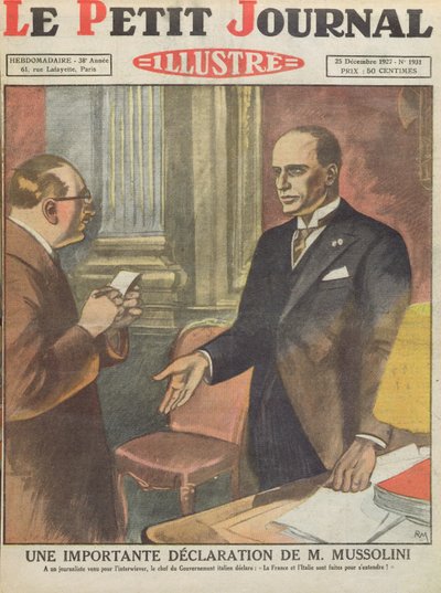 Una importante declaración de Benito Mussolini (1883-1945) de Le Petit Journal, 25 de diciembre de 1927 de French School