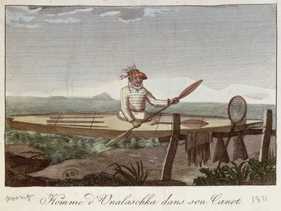 Un habitante de la isla Unalaska en su canoa, 1811 de French School