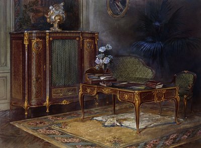 Un interior con un escritorio y biblioteca de estilo Luis XV de French School