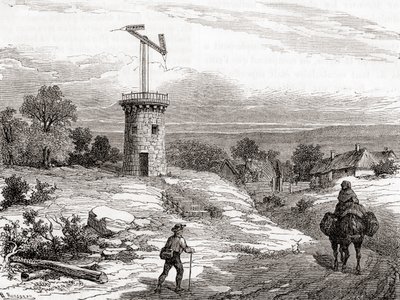Un poste de telégrafo aéreo en el siglo XVIII, de Les Merveilles de la Science, publicado c.1870 (grabado) de French School