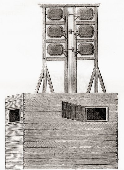 Un sistema de telégrafo aéreo usado en Inglaterra en el siglo XVIII, de Les Merveilles de la Science, publicado c.1870 (grabado) de French School