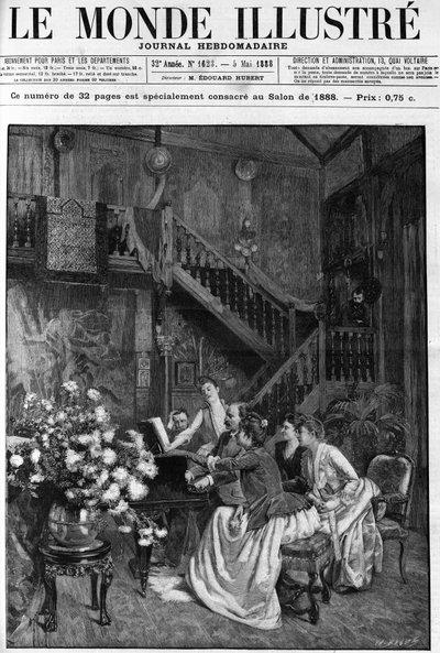 Una tarde alrededor de una partitura en un salón parisino. Grabado en "The Illustrous World" en 1888. de French School