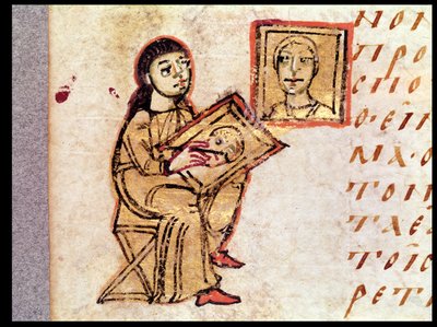 Un artista copiando una pintura, de Sacra Parallela por San Juan Damasceno (d.c.754) de French School