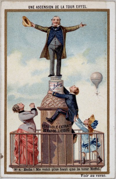 Un ascenso a la Torre Eiffel: la llegada a la cima - cromo. Liebig, principios del siglo XX de French School