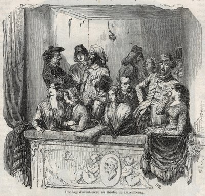 Un palco de avant-scène en el teatro de Luxemburgo en París en el siglo XIX - Grabado en “Tableau-de-Paris” por Edmond Texier 1852 de French School