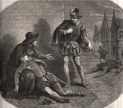 Un emisario del Rey de Francia Enrique III (1551-1589) fue encontrado moribundo en las calles de Roma en 1582. Llevaba un mensaje comprometedor del rey sobre su hermana, Margarita de Valois (1553-1615), conocida como Reina Margot. Grabado de 1871 en de French School