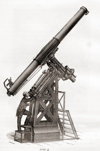 Un telescopio ecuatorial en el Observatorio de París, Francia en el siglo XIX, de Les Merveilles de la Science, publicado c.1870 (grabado) de French School