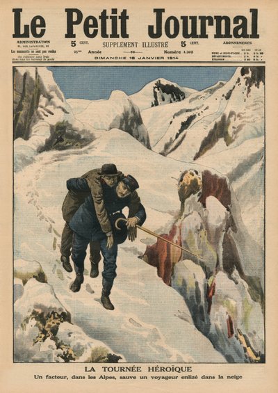 Una ronda heroica, un cartero alpino rescatando a un viajero atrapado en la nieve, ilustración de portada de 