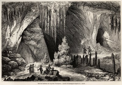 Vista interior de la cueva de Antiparos, isla de las Cícladas, dibujo de Emile Rouargue (hacia 1895-1865), para ilustrar la visita a la cueva de Antiparos, en 1859, de E.A.Spoll. Grabado en "Le tour du monde" 1861. Colección Selva. de French School
