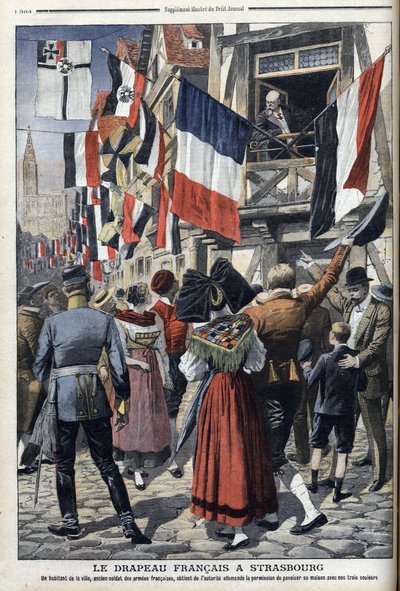 Un viejo soldado francés en Estrasburgo ocupado por los alemanes tiene permiso para mostrar la bandera francesa - "Le Petit Journal" 20 de septiembre de 1908 (grabado) de French School